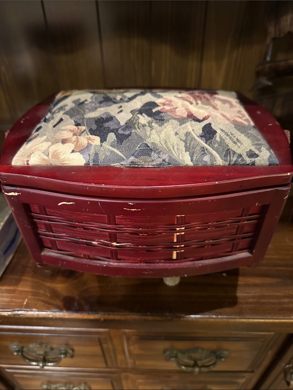 Vintage Red Woven Sewing Box with Floral Padded Top